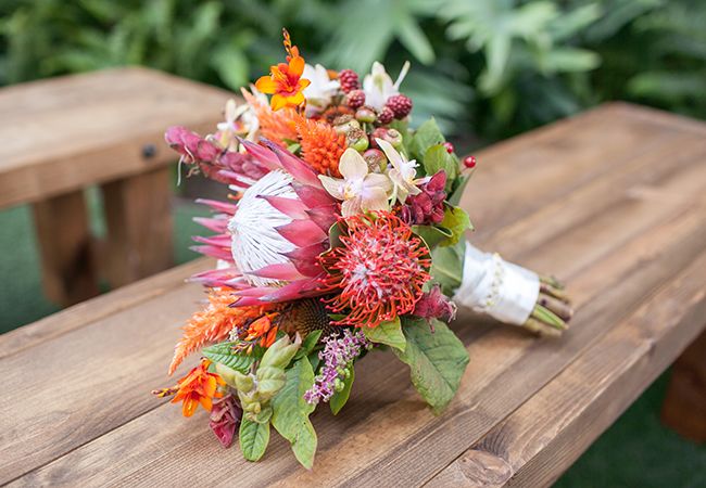 You’ll Love the Bright Colors and Tropical Bouquets in This Granola-Glam Wedding